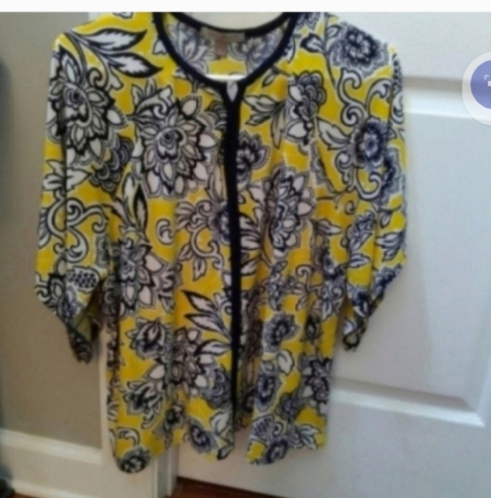 Roz & Ali Floral Yellow and Black Blouse Women's L Kimono Sleeve Career Office